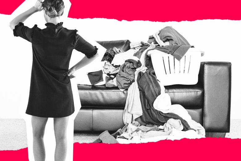 A woman looking frustrated at a messy pile of laundry on a couch.